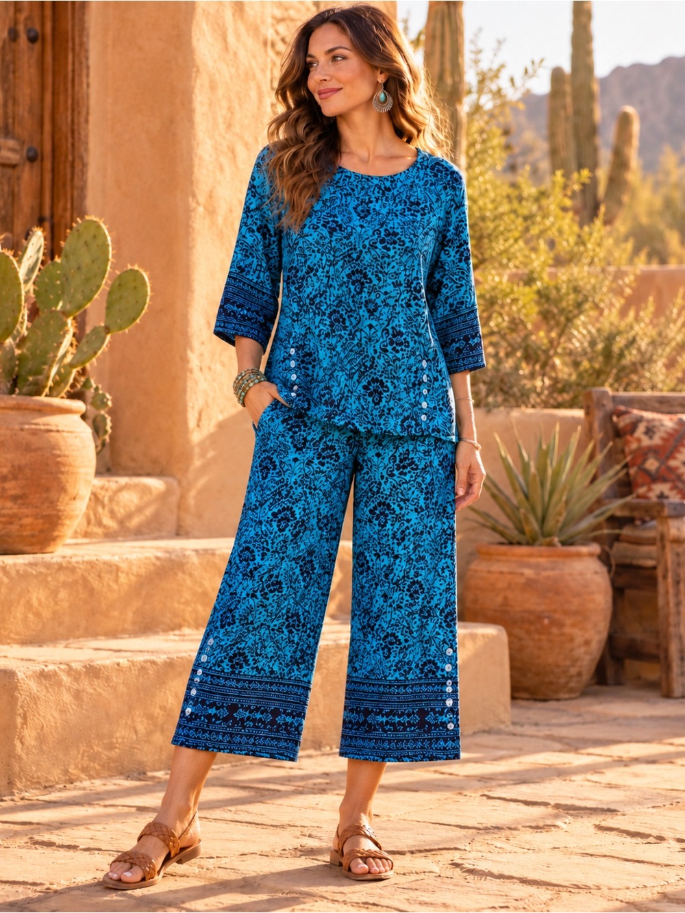 Soft Surroundings Blue Floral Boho 2 Piece Tunic Wide Leg Pants Set
